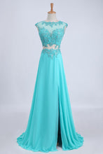 Load image into Gallery viewer, Two Pieces Prom Dresses Bateau Backless A Line Chiffon Sweep Train With Slit