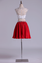 Load image into Gallery viewer, Bicolor Bateau A Line Short Homecoming Dresses Satin &amp; Tulle With Beads Two Pieces
