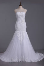 Load image into Gallery viewer, White Sweetheart Wedding Dresses Tulle With Applique &amp; Beads Mermaid/Trumpet