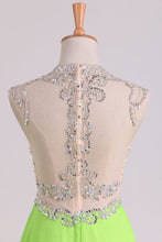 Load image into Gallery viewer, A Line Beaded Bodice Prom Dresses Scoop Chiffon &amp; Tulle With Slit