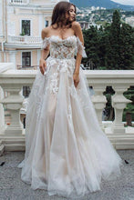 Load image into Gallery viewer, Princess A Line Off the Shoulder Sweetheart Beach Wedding Dresses with Appliques SJS15585