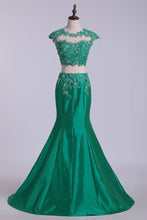 Load image into Gallery viewer, Two Pieces Bateau Prom Dresses Mermaid Sweep Train With Beading &amp; Applique