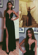 Load image into Gallery viewer, A Line Black Beads Chiffon Prom Dresses with Appliques Split Long Evening SJS15608