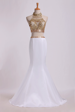 Load image into Gallery viewer, Two Pieces Beaded Bodice High Neck Prom Dresses Trumpet Sweep Train