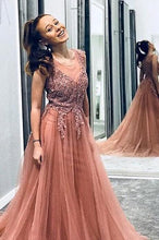 Load image into Gallery viewer, A Line Beaded Long Rosy Brown Tulle Prom Dresses, Round Neck Evening Dresses SJS14991