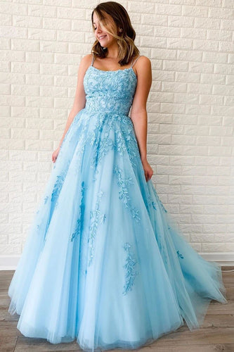 Unique A-Line Sky Blue Tulle Appliques Beads Scoop Prom Dresses with Lace SJS15681