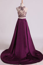 Load image into Gallery viewer, Two Pieces A Line Scoop Beaded Bodice Prom Dresses Satin &amp; Tulle Sweep Train Grape