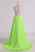 Load image into Gallery viewer, A Line Beaded Bodice Prom Dresses Scoop Chiffon &amp; Tulle With Slit