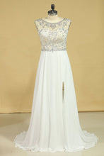 Load image into Gallery viewer, Plus Size A-Line Bateau Sweep Train Chiffon&amp;Lace Prom Dresses With Slit White