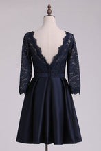 Load image into Gallery viewer, 3/4 Length Sleeve Bridesmaid Dresses A Line Bateau Satin &amp; Lace Open Back Black