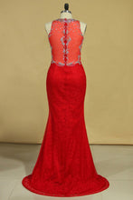Load image into Gallery viewer, Red Plus Size Prom Dresses Scoop Beaded Bodice Sweep Train Lace Mermaid