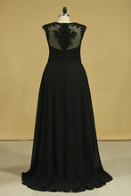 Load image into Gallery viewer, Plus Size Black Evening Dresses A Line Scoop Cap Sleeves Chiffon With Applique And Beads