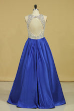 Load image into Gallery viewer, Royal Blue Scoop Open Back Beaded Bodice A Line Prom Dresses Satin &amp; Tulle Plus Size