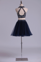 Load image into Gallery viewer, Two Pieces Homecoming Dresses Halter A-Line Beaded Bodice Tulle