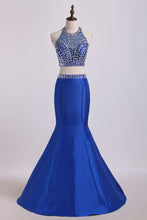 Load image into Gallery viewer, Two Pieces High Neck Mermaid Prom Dresses With Beads