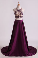 Load image into Gallery viewer, Two Pieces A Line Scoop Beaded Bodice Prom Dresses Satin &amp; Tulle Sweep Train Grape