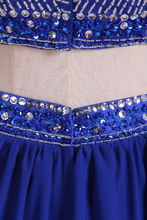 Load image into Gallery viewer, Two Pieces High Neck A Line Prom Dresses Chiffon With Beading Mini Dark Royal Blue