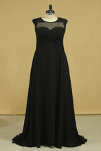 Load image into Gallery viewer, Plus Size Black Evening Dresses A Line Scoop Cap Sleeves Chiffon With Applique And Beads