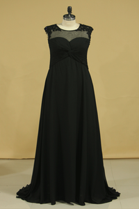 Plus Size Black Evening Dresses A Line Scoop Cap Sleeves Chiffon With Applique And Beads