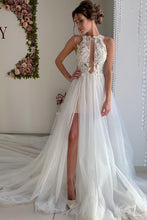 Load image into Gallery viewer, A Line Appliques Ivory Open Back Wedding Dresses, Long Beach Bridal Dresses SJS14990