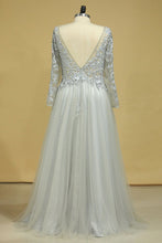 Load image into Gallery viewer, Long Sleeves Prom Dresses Bateau With Slit &amp; Embroidery Tulle Floor Length Plus Size