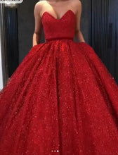 Load image into Gallery viewer, Sparkly Ball Gown Burgundy Strapless Sweetheart Prom Dresses, Long Quinceanera Dresses SJS15428