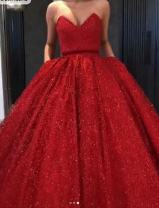 Sparkly Ball Gown Burgundy Strapless Sweetheart Prom Dresses, Long Quinceanera Dresses SJS15428