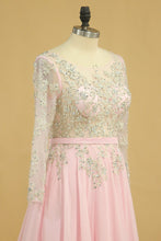Load image into Gallery viewer, Plus Size A Line Chiffon Prom Dresses Bateau Long Sleeves With Beads &amp; Applique
