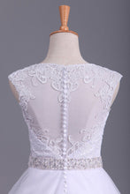 Load image into Gallery viewer, White Scoop Wedding Dresses A-Line Court Train With Beads &amp; Applique