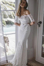 Load image into Gallery viewer, 2 Pieces Ivory Lace Mermaid Off the Shoulder Wedding Dresses, Beach Wedding Gowns SJS14986