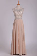 Load image into Gallery viewer, A Line Bateau Cap Sleeves Prom Dresses Chiffon With Beading And Slit