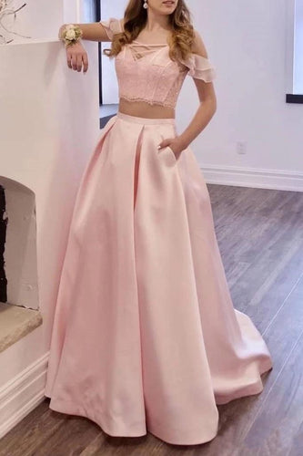 Two Piece Off the Shoulder Blush Pink Prom Dresses with Pockets, Long Lace Prom Gowns SJS15445