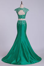 Load image into Gallery viewer, Two Pieces Bateau Prom Dresses Mermaid Sweep Train With Beading &amp; Applique
