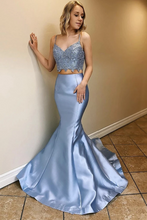 Load image into Gallery viewer, Two Piece Satin Prom Dresses With Lace Spaghetti Straps Mermaid Long Party SJSPLPBLEY2