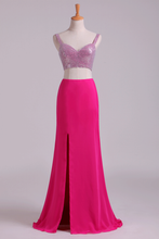 Load image into Gallery viewer, Two Pieces Prom Dresses Spaghetti Straps Sheath With Slit &amp; Beading Chiffon
