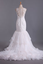 Load image into Gallery viewer, V Neck Wedding Dresses Organza With Applique  &amp; Ruffles Mermaid Court Train
