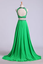 Load image into Gallery viewer, Two Pieces Scoop A Line Prom Dresses Backless Sweep Train With Beading