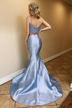 Load image into Gallery viewer, Two Piece Satin Prom Dresses With Lace Spaghetti Straps Mermaid Long Party SJSPLPBLEY2