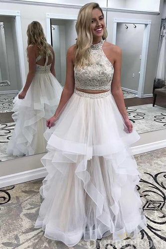 Two Piece Prom Dresses Halter A Line Long Party Dresses with Ruffles