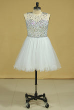 Load image into Gallery viewer, Scoop Beaded Bodice A Line Prom Dress Short/Mini With Tulle Skirt White Plus Size
