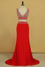 Load image into Gallery viewer, Two Pieces V Neck Prom Dresses Sheath Spandex With Beading Floor Length