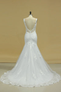 Straps Open Back Tulle With Applique And Beads Mermaid Chapel Train Wedding Dresses