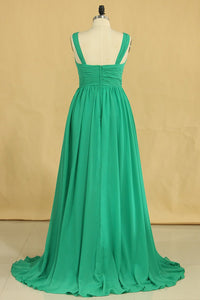 V Neck A Line Plus Size Prom Dresses Chiffon Sweep Train With Ruffles & Beads