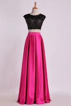 Load image into Gallery viewer, Two Pieces Prom Dresses Scoop Appliqued&amp;Beaded Bodice Floor Length Open Back Satin