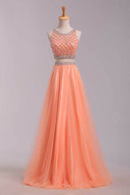 Load image into Gallery viewer, Two Pieces Bateau Beaded Bodice A Line/Princess Prom Dress Pick Up Tulle Skirt Floor Length