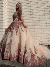 Load image into Gallery viewer, Rosewood Sequins Ball Gown Sweetheart Strapless Quinceanera Dresses with SJS15661