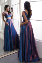 Load image into Gallery viewer, Two Pieces V Neck Straps V Back Floor Length Prom Dresses Long Party Dresses SJS15447