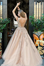 Load image into Gallery viewer, A Line Bateau Neckline Beadings Sash Prom Gown Champagne Appliques Lace Up Back Prom SJSP9H7T9ZJ