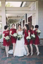 Load image into Gallery viewer, A Line Burgundy Lace Cap Sleeve Bridesmaid Dresses, Knee Length Short Wedding Party Dresses SJS14995