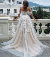 Load image into Gallery viewer, Princess A Line Off the Shoulder Sweetheart Beach Wedding Dresses with Appliques SJS15585